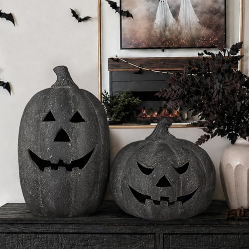 Halloween Decor - Black Handmade Terracotta Jack O Lantern Pumpkin