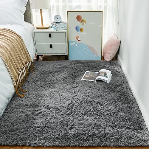 Ophanie Area Rugs for Living Room Bedroom, Washable Non-Slip Fluffy Soft Grey Shag Carpet, Indoor Floor Gray 4x6 Fuzzy