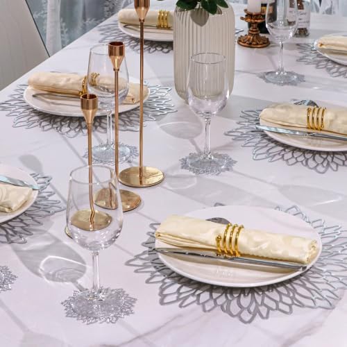 Snowkingdom 4 Pack Silver Placemats Metallic Glitter Pressed Vinyl Dinning Table Mats Decorative Round Leaf Charger for Winter Holiday Thanksgiving Christmas