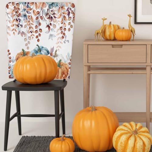 Fall Chair Covers Set of 4 Autumn Eucalyptus Leaf Chair Slipcover Protector Removable Stretch Chair Covers Maple Leaves Harvest Pumpkin Thanksgiving Chair Back Covers for Dining Chairs Kitchen Party