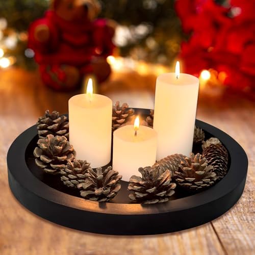 Round Decorative Tray for Coffee Dining Table Countertop Small Wooden Serving / Black / Set of 11
