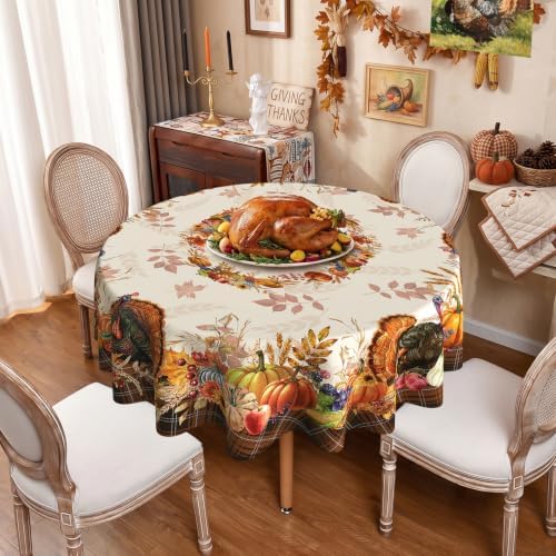 Thanksgiving Tablecloth Round 90 Inch, Stain Resistant Machine Washable Fabric Polyester Turkey Harvest Table Cloth Round Thanksgiving Tablecloth Table Cover for Kitchen Dining Party