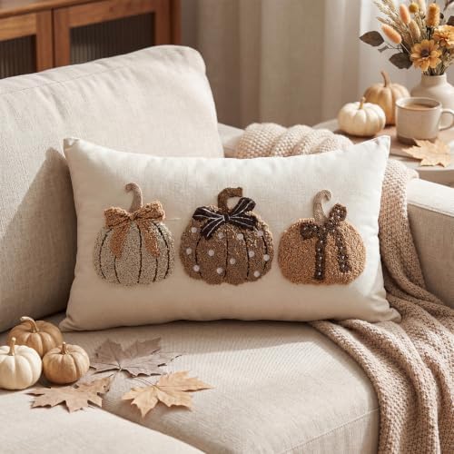 Boao Fall Pumpkin Pillow Covers 12x20 Rustic Boho Brown Beige Lumbar Case