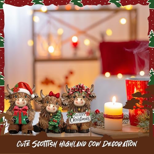 3 Pcs Christmas Highland Cow Figurine Decor, Resin Christmas Decor