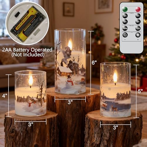 Wondise Chrismtas Snowman Glass Flameless Candles with Remote Timer