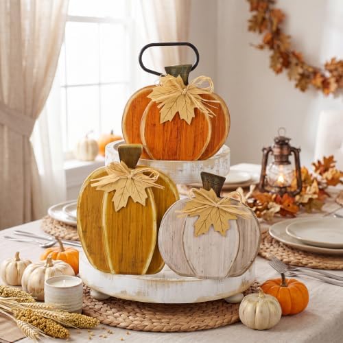 Cinnvoice 3 Pcs Fall Pumpkin Decor Fall Wooden Signs 3D Pumpkin Tabletop Signs Farmhouse Thanksgiving Tiered Tray Decorations for Home Harvest(Rustic,Yellow Orange,7.3" 9")