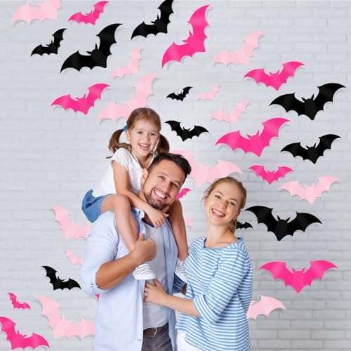 DIYASY 144 Pcs Pink Bats Wall Decor, Halloween 3D Bats Decorations Outside Blush & Black PVC Bat Cutouts Sticky Plastic Pink Decals for Home Indoor Outdoor Window Door Party Supplies