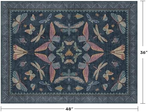 Washable 3x4 Entryway Rug, Non Slip Vintage Area Rug for Kitchen Floor, Laundry Room & Bedroom, Blue Boho Carpet with