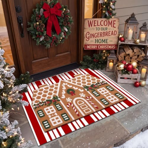 Tinideya 2 Pcs Christmas Layered Doormat Set, Gingerbread House