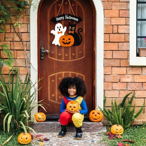 Halloween Welcome Wreath for Front Door Wooden Ghost Black Cat Door Decor