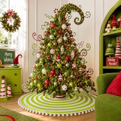 30 Inch Green and White Christmas Tree Skirt with Pom Poms