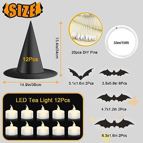 taupphoo Halloween Black Witch Hats DIY Floating Light up Witch Hats with Tea Lights 3D Bats Wall Decorations