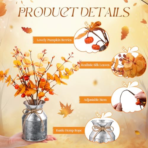 Thiccywoov 4 Set Thanksgiving Fall Table Centerpiece Decorations Artificial Orange Pumpkins Eucalyptus with Metal Vase Faux Pumpkins Plants in Pots for Autumn Harvest Party Home Dining Table Decor