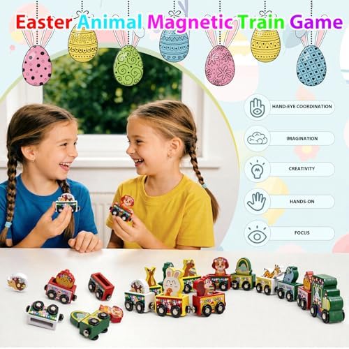 Easter Eggs Magnetic Wooden Animal Train for Kids,Easter Basket Stuffers,Easter Eggs Surprise Train,Montessori Magnetic Train Toy Christmas Countdown Gift for Toddlers,Boys and Girls (Train)