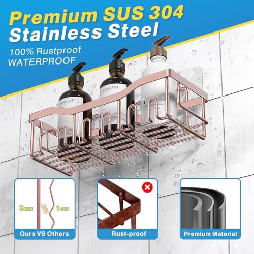 EUDELE 5-Pack Rustproof Stainless Steel Shower Caddy – No Drill Adhesive Bathroom Organizer with Large Capacity