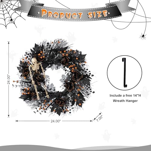 Glitzhome Halloween Wreath and Teardrop Swag Set, 3 Piece Black Rose Collection with a Spooky Lighted Bat Wreath and Swag, Elegant Gothic Floral Decor for Door, Mantle or Wall