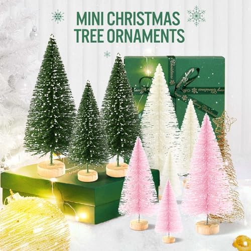 9Pcs Mini Christmas Trees Christmas Decor Artificial Christmas Decorations with 4 Sizes, Christmas Tree Bottle Brush Trees Christmas Table Decorations (Green Beige Pink)