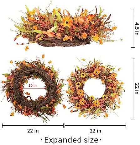 JINGHONG Fall Wreaths for Front Door 22 Inch Artificial Fall Wreath Floral Autumn Wreath for Outside Door Harvest Thanksgiving Day Celebration