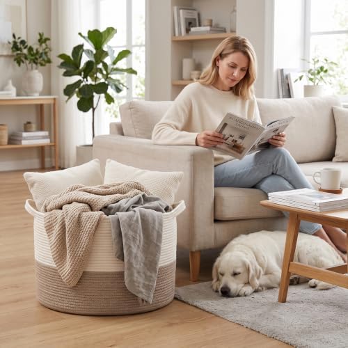 115L Extra Large Blanket Basket,Woven Laundry Basket- White & Brown