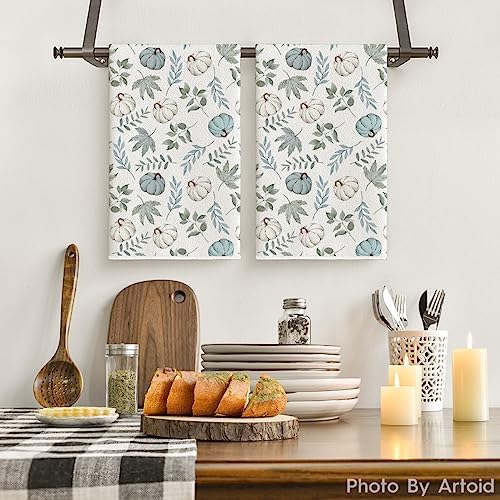 Artoid Mode Blue Leaves Pumpkin Fall Kitchen Towels Set of 3 18x26 Inch