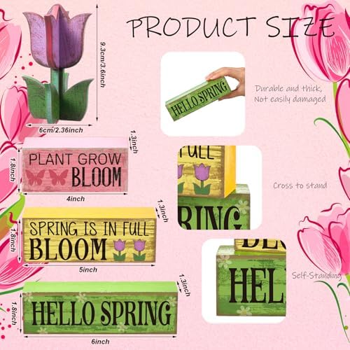 Moucuny 4 Pcs Spring Wood Block Signs Tiered Tray Decor Farmhouse Table