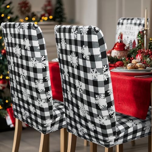 Christmas Chair Covers Set of 4 Buffalo Plaid Christmas Tree Dining Chair Seat Cover Stretch Removable Xmas Chair Slipcover Protector for Xmas Dining Room Kitchen Home Decor