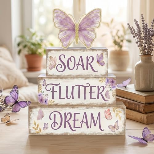 Britimes Tiered Tray Decor Set, 4 Pack, Wooden Table Sign, Butterfly Floral