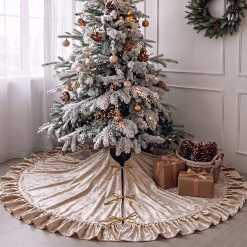 Velvet Christmas Tree Skirt, 60 Inches, Bow Style, Khaki