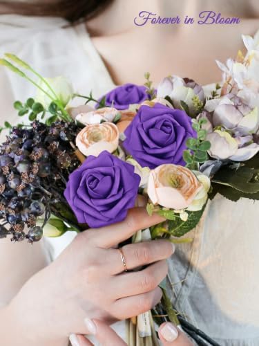 MACTING 30PCS Purple Artificial Roses with Stems, Real Touch Foam Flowers