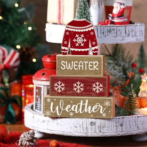 Lineshading 4 Pcs Christmas Table Decoration Wooden Block Signs Sweater