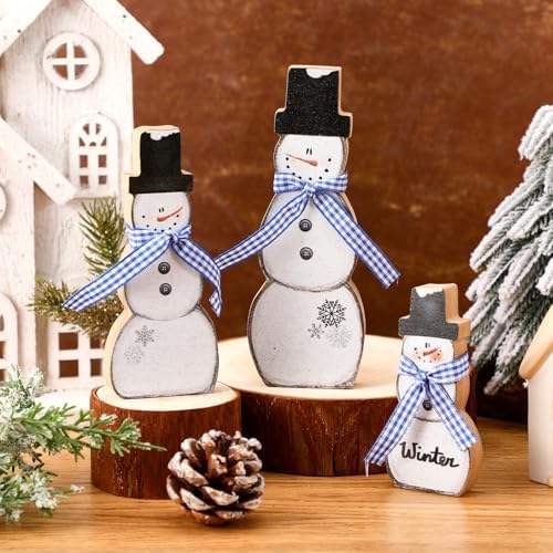 Suzile 3 Pcs Winter Snowman Table Decorations,Blue