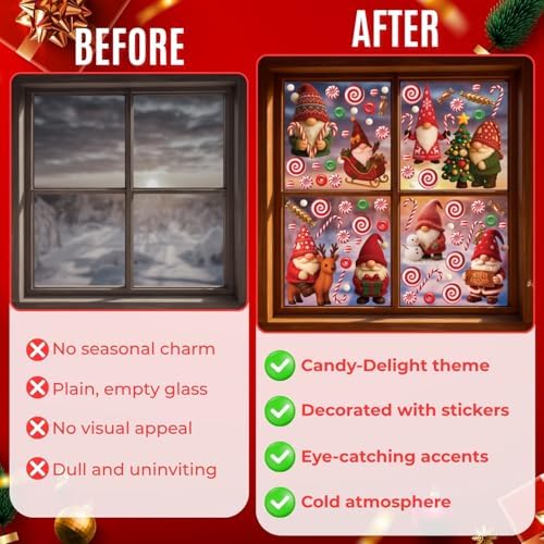 WALPLUS Christmas Window Clings Decorations Double-Sided Reusable Peel and Stick Removable for Glass Living Room Nursery Room Home Office Holiday Gnomies and Candy Delights 186 Pieces