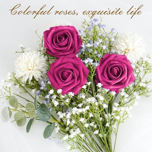 BLEUM CADE 36Pcs Artificial Flowers Fake Foam Roses with Stems for Wedding