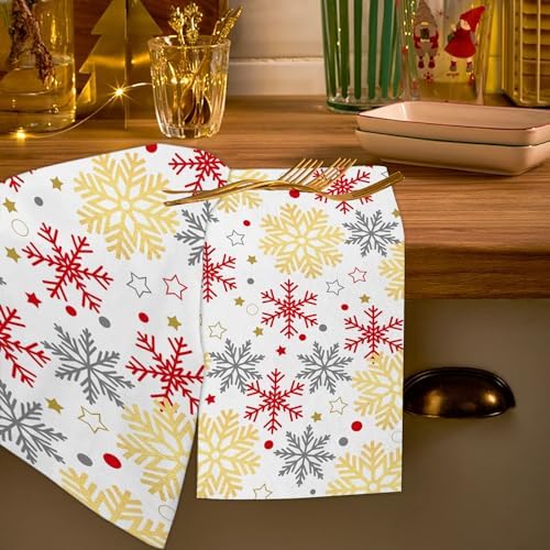 JOOCAR Snwoflake Kitchen Towels Christmas Kitchen Decor Dish Towels Set of 2, 16x27 Inch Seasonal Drying Dishcloth, Gold White Red Snowflake Decoration Hand Towels