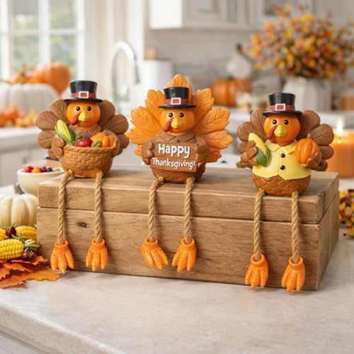Thanksgiving Turkey Tabletop Centerpiece Decor Resin Turkey Figurines Set of 3 Fall Turkey Shelf Sitter Decor for Thanksgiving Table Decorations Tiered Tray Mantel Shelf Kitchen Entryway Decoration
