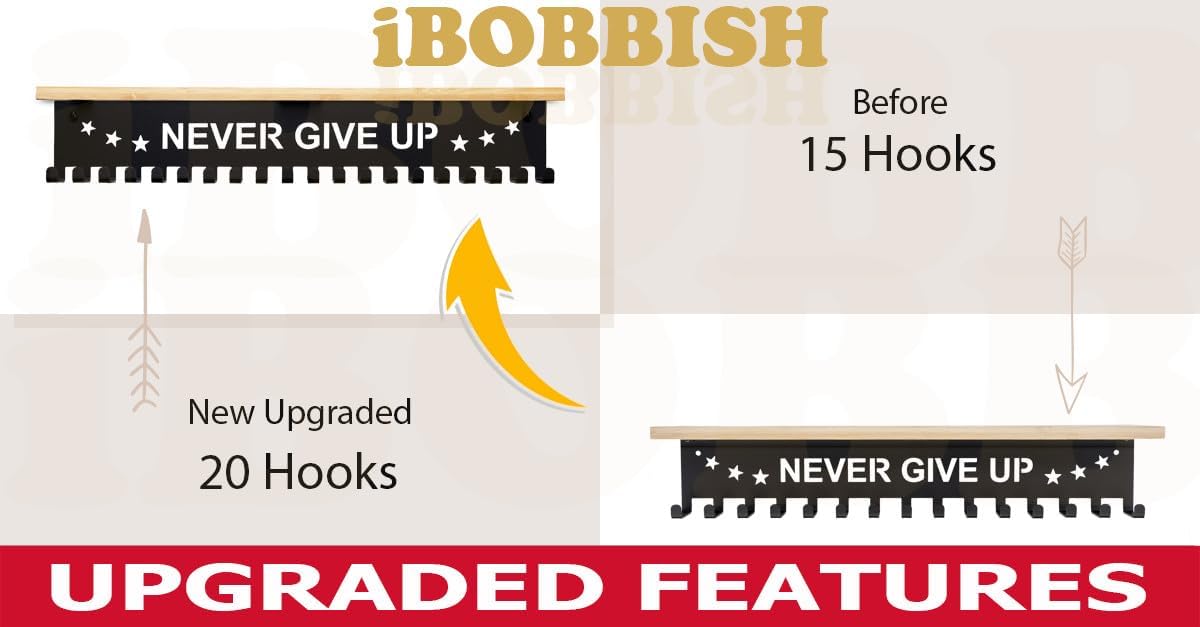 iBobbish Premium Trophy and Medal Display Shelf 16inchL,Metal Trophy Shelf with Hooks Upgraded,Large Bamboo Trophy
