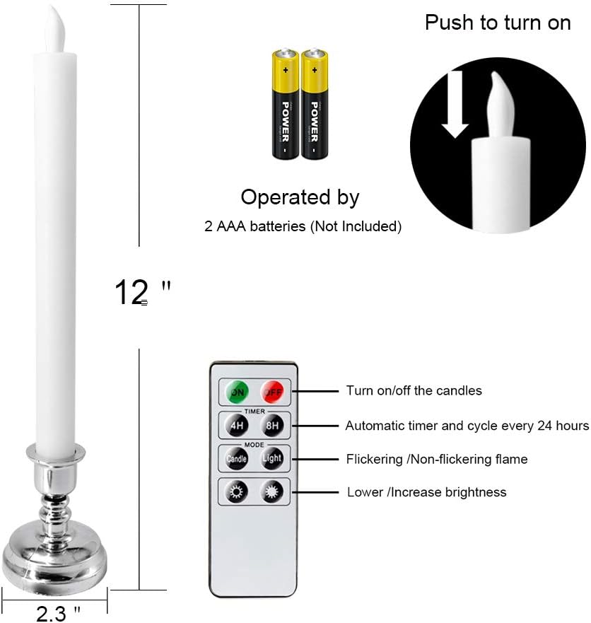 White Flameless Window Taper Candles Battery Operated Remote Timer | Real Wax Long Lasting, Dimmable Warm Light, Silver