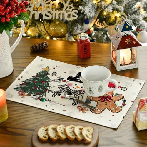 Artoid Mode Snowman Tree Gingerbread Gifts Merry Christmas Placemats Set of 4, 12x18 Inch Seasonal Winter Holiday Table Mats for Party Kitchen Dining Decoration