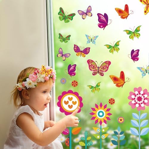 ROROP 107PCS Spring, Summer & Fall/ Winter Window Clings - Spring Flowers, Butterfly & Others - Decals Sticker Set