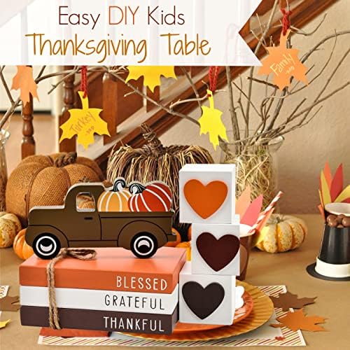 Thanksgiving Tiered Tray Decor - Fall Decorations for Home - 3 Double Sided Faux Book Stack 3 Love Wood Block 1 Pumpkin Truck - Farmhouse Rustic Wooden Table Sign for Autumn Thanksgiving Harvest