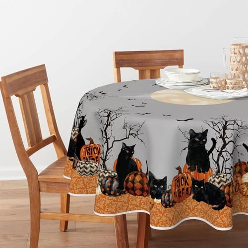 Horaldaily Halloween Tablecloth 70 x 70 Inch Round Pumpkin Moon Cat Trees