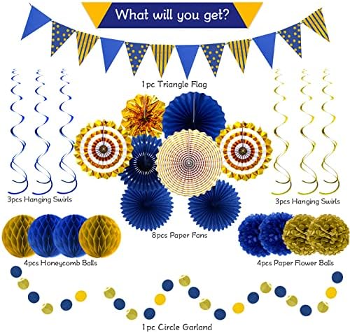 24 Pcs Blue Gold Party Decorations, Paper Fans Pom Poms Banner