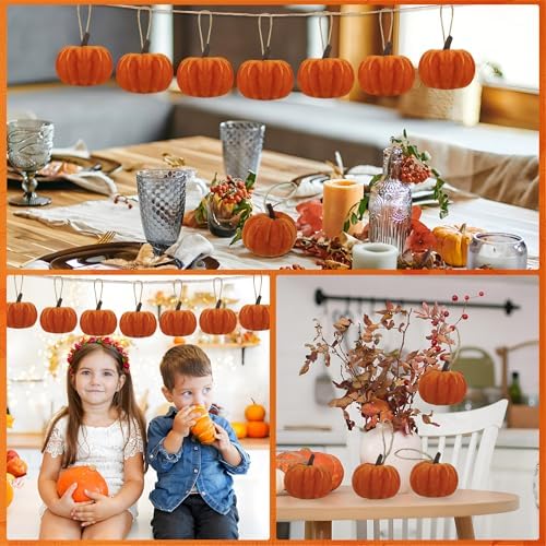 16 PCS Fall Thanksgiving Pumpkin Hanging Ornaments Orange Velvet Fabric Pumpkin Hanging Small Tree Ornaments 2.2" Fabric Pumpkins Ball Tree Decorations for Fall Home Farmhouse Harvest Party Decor