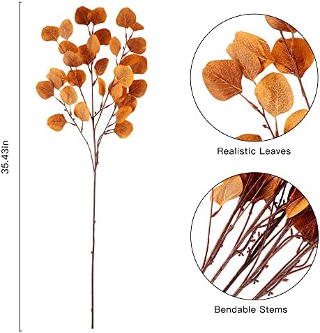 Sggvecsy 6 Pcs Fall Eucalyptus Leaves Artificial Eucalyptus Stems Long Silver Dollar Leaves Autumn Leaf Branches Fake Silk Eucalyptus for Christmas Home Autumn Festival Thanksgiving Decor(Orange)