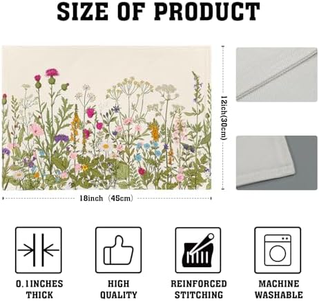 Spring Summer Floral Placemats Set of 6 18x12 Inch Antique Herbs and Wild Flowers Linen Place Mat Heat-Resistant Washable Wipeable Wildflower Table Mat for Party Kitchen Dining Home Decor