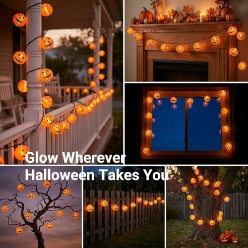 TIGOMOOV Halloween Pumpkin String Lights, Jack O Lantern Lights Plug in, 10 Orange Pumpkin Lanterns 9.83FT Connectable, Indoor Outdoor Fall Halloween Decorations for Porch Mantel Yard