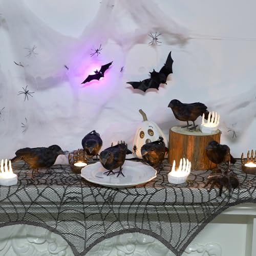 ATDAWN 6 Pack Halloween Birds - Realistic Black Feathered Crows, 7.9" from Beak to Tail Feathers, Halloween Decoration Props for Outdoor & Indoor, Party Supplies, Haunted House, Graveyard Displays