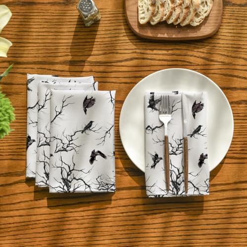 Horaldaily Halloween Cloth Napkins, Crow Tree Napkins Set of 4