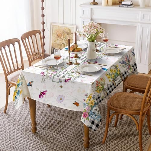 Quimoy Spring Summer Tablecloth 60x84 Inch, Rectangular Botany Tablecloth, Floral Table Cover for Spring Summer Party Picnic Kitchen Dinner Decor