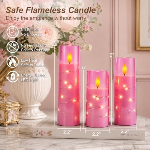 Raycare Flameless Battery Operated Pillar Candles with Remote Timer, Pink
